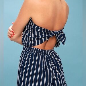 Lulu's Navy & White Striped Strapless Jumpsuit with Back Tie